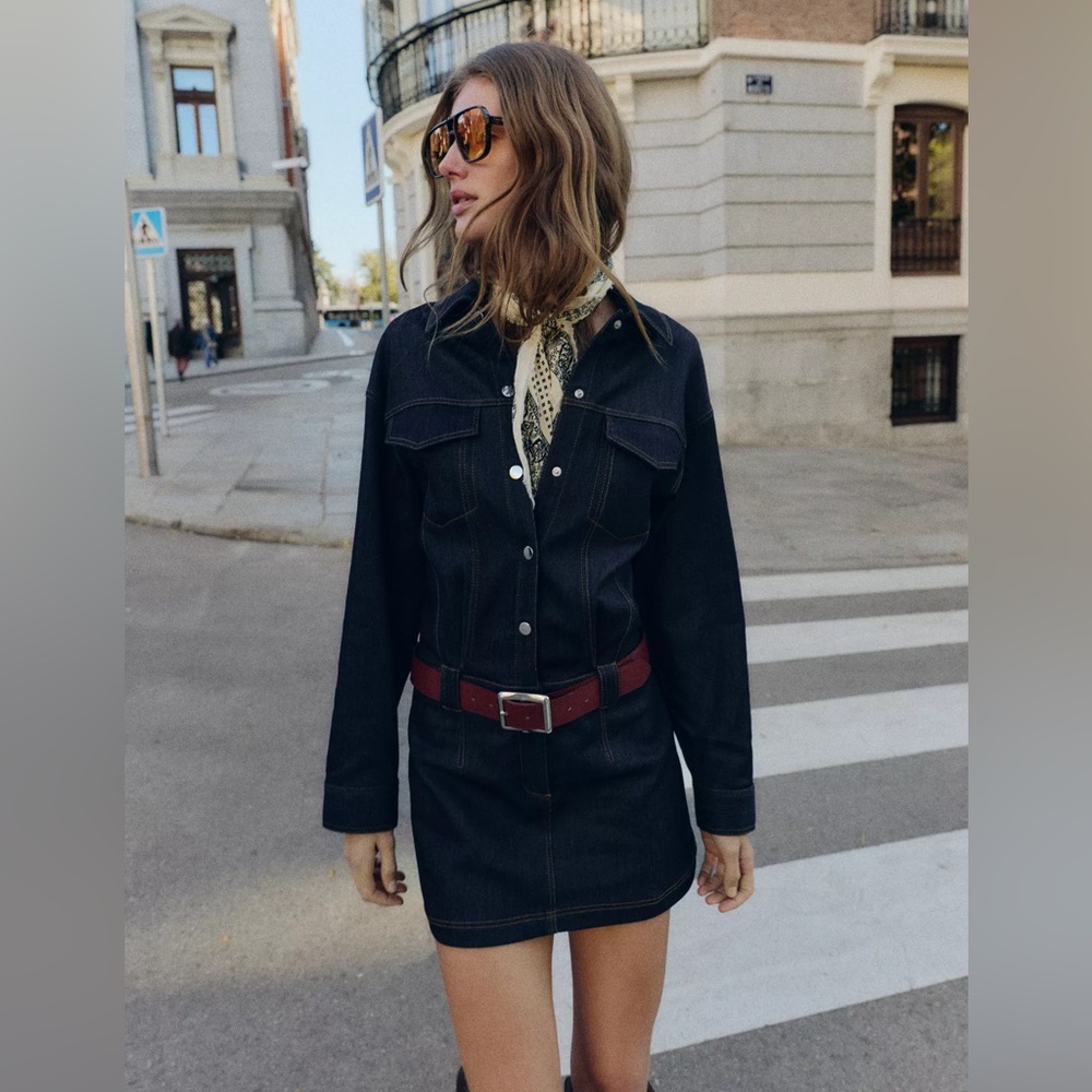 Zara Black Denim Mini Dress with Red Belt